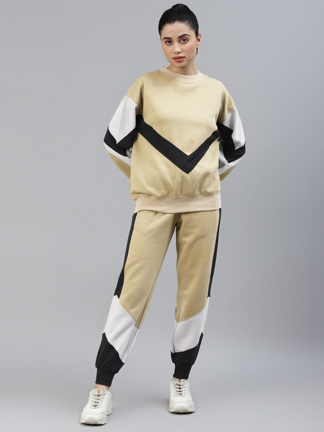 Women Beige & Black Colourblocked Tracksuit