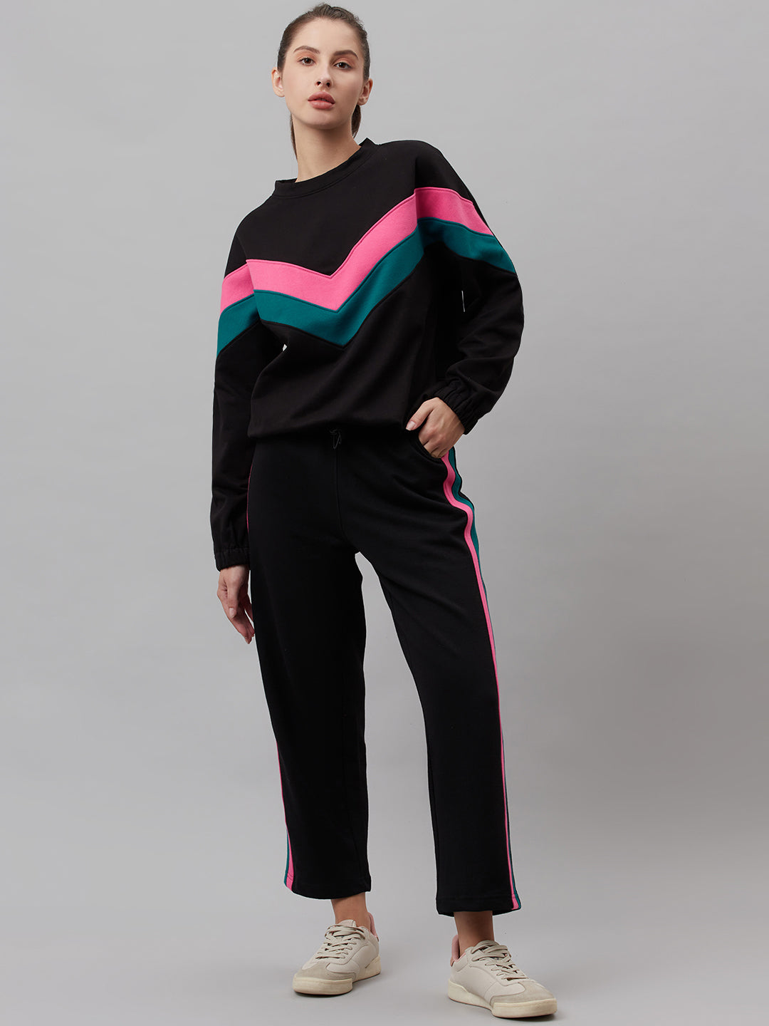 Laabha Women Black Pink Colourblocked Stylish Tracksuit – Laabha Athleisure