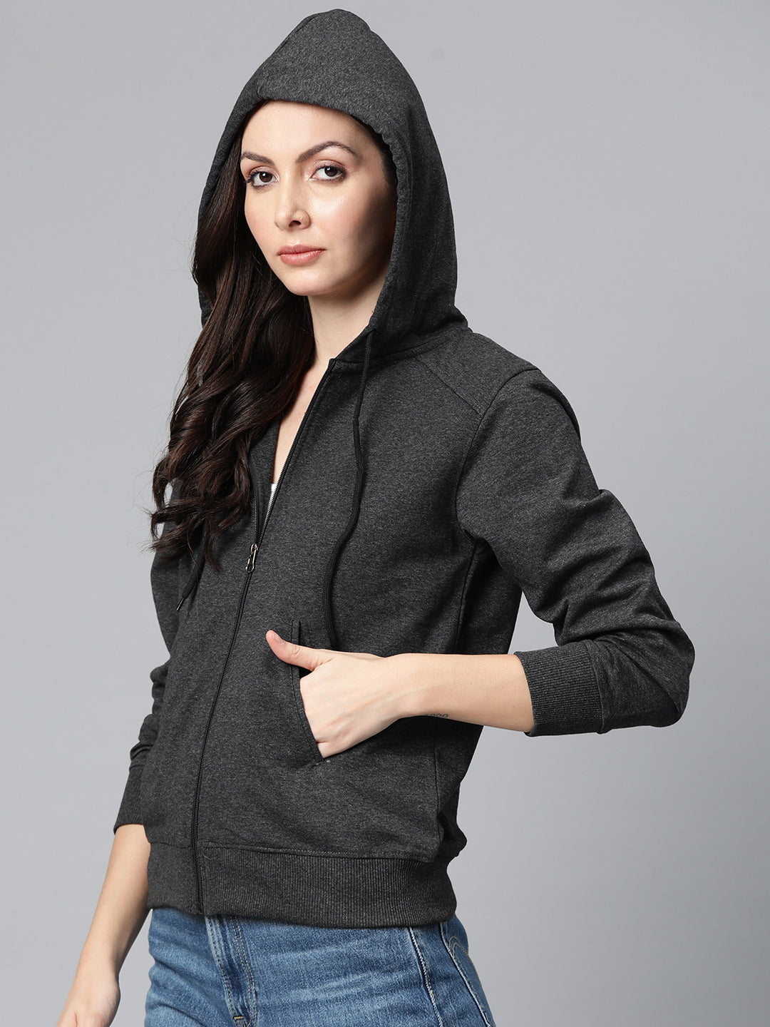 Laabha Stylish Women Charcoal Sweatshirt with Zipper