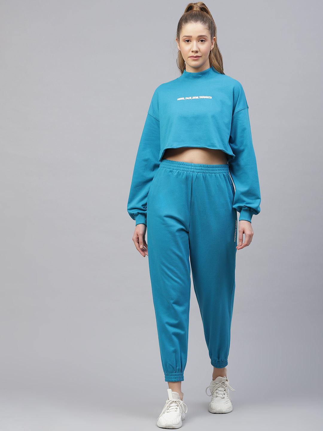 Laabha Women Blue Solid Athleisure Tracksuit with Applique Detail