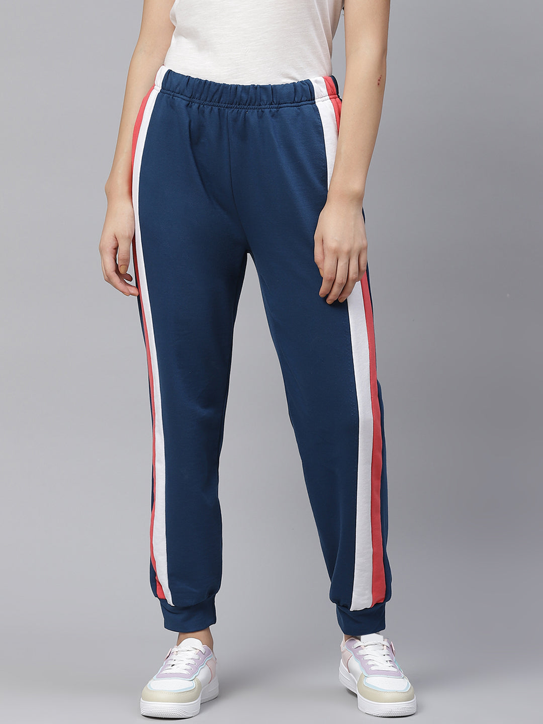 Laabha Women Navy Blue Solid Joggers With Side Stripes
