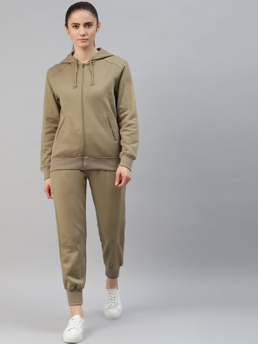 Laabha Women Khaki Solid Hooded Tracksuit