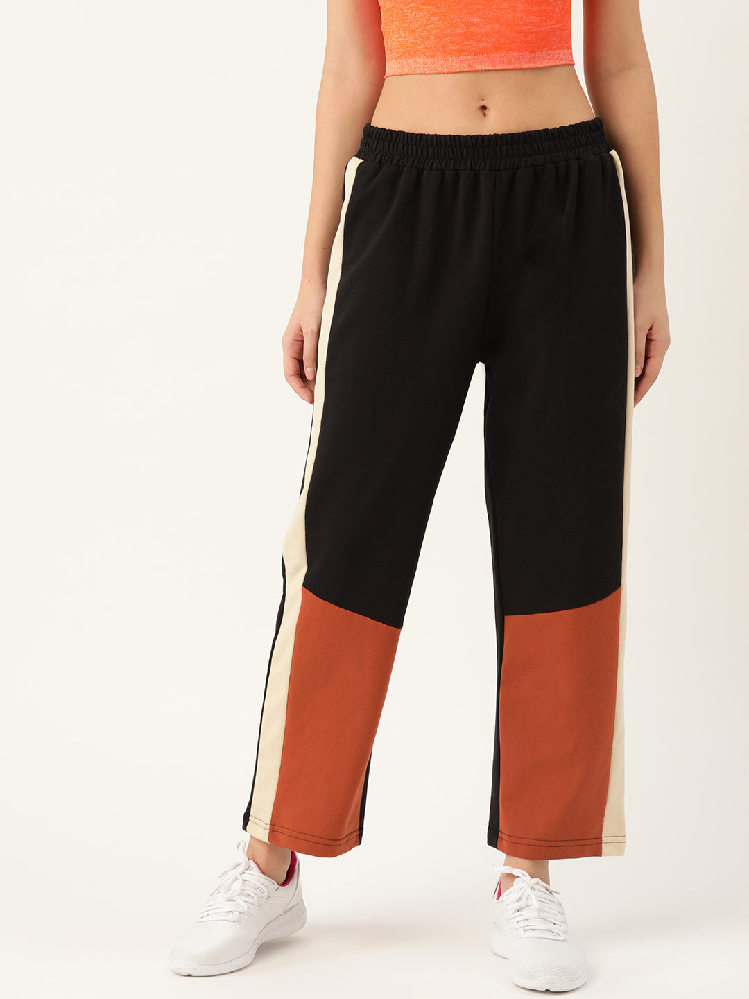 Laabha Women Black  Rust Orange Colourblocked Track Pants