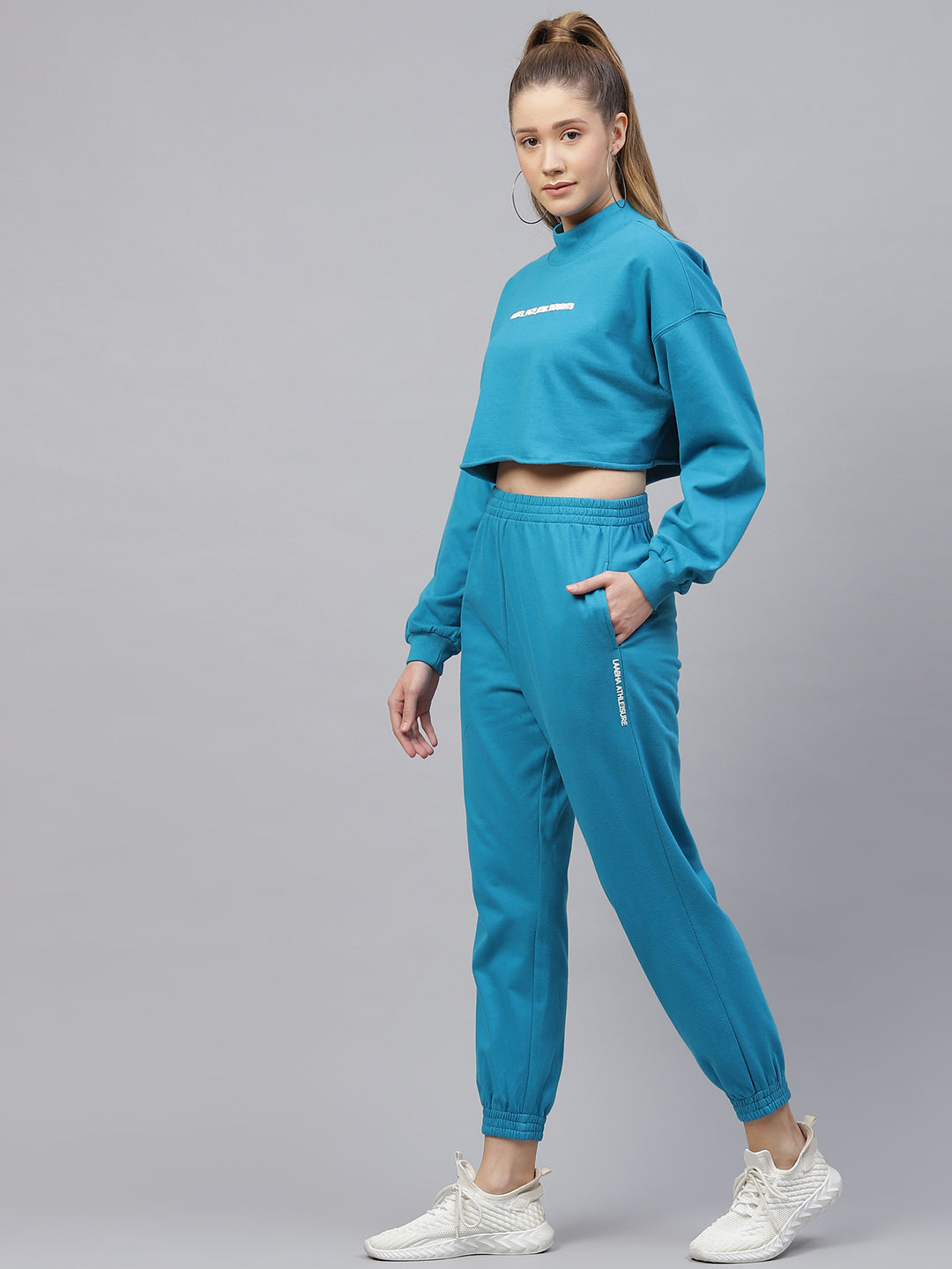 Laabha Women Blue Solid Athleisure Tracksuit with Applique Detail